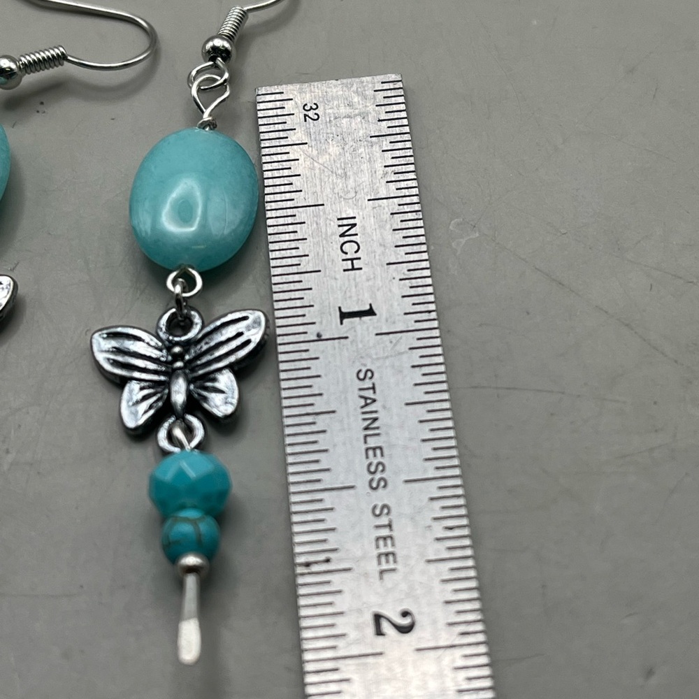 Aventurine and Butterfly Drop Earrings Silver Tone/Boho Fairycore Dangles - Picture 3 of 3